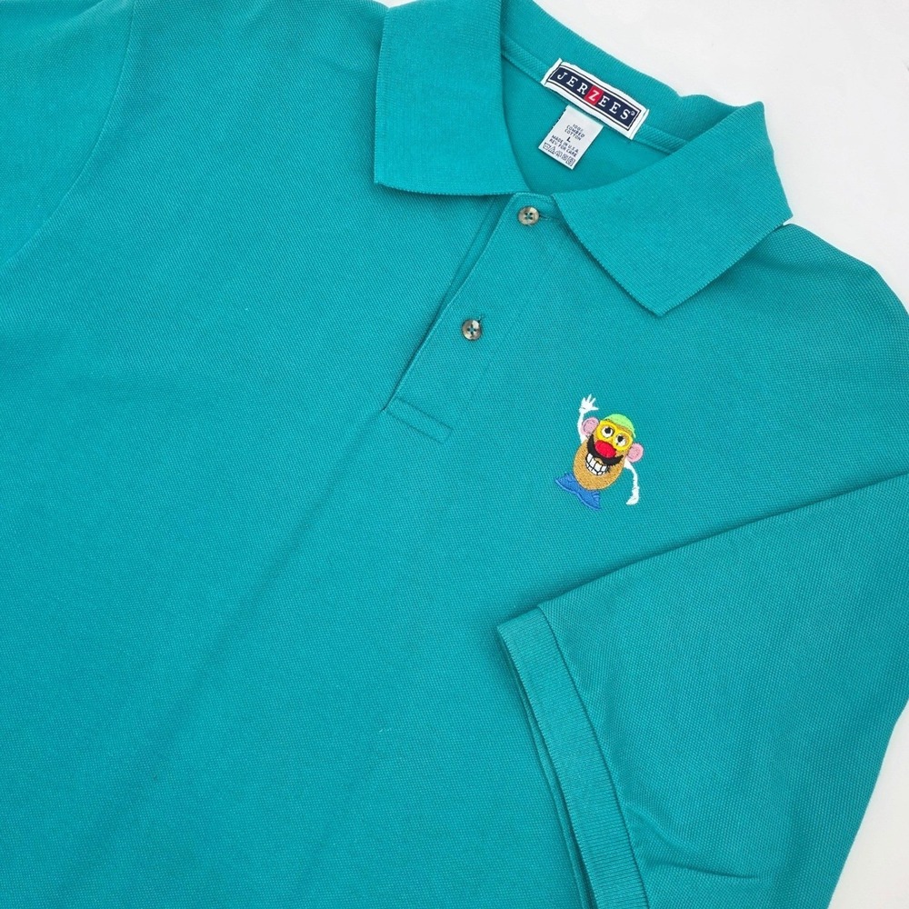 VINTAGE 90s JERZEES MR POTATO HEAD POLO SHIRT MENS LARGE TEAL RARE MADE IN USA